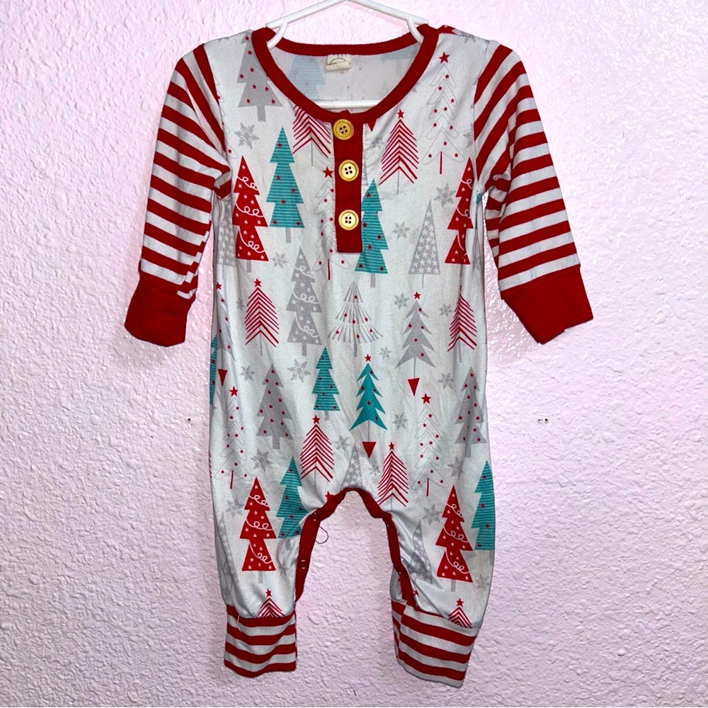 Christmas Tree 18-24 months Bamboo Style Striped Patchwork Romper